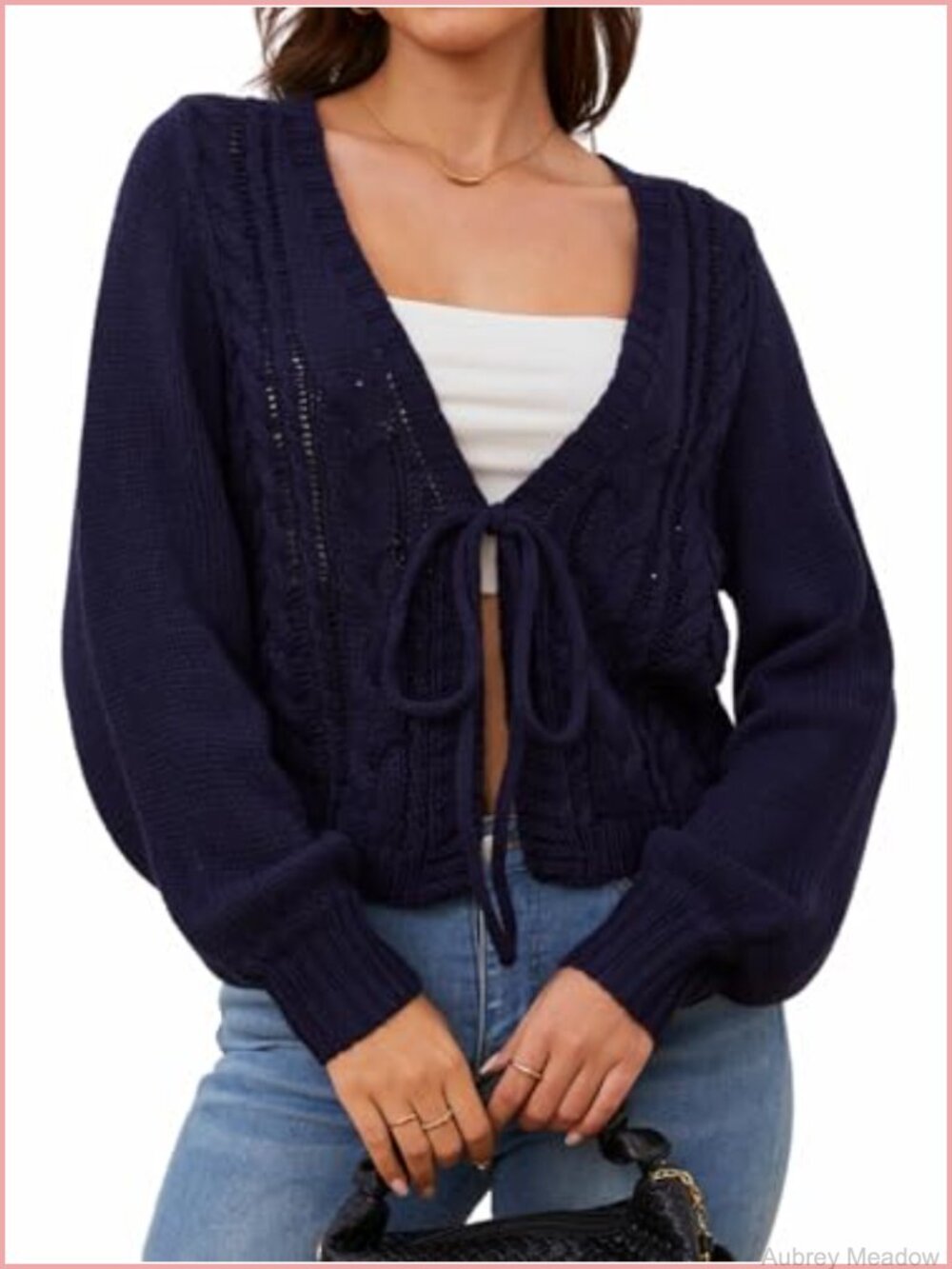 Cropped Cable Knit Cardigan V-Neck Tie Front Long Sleeve Knitwear